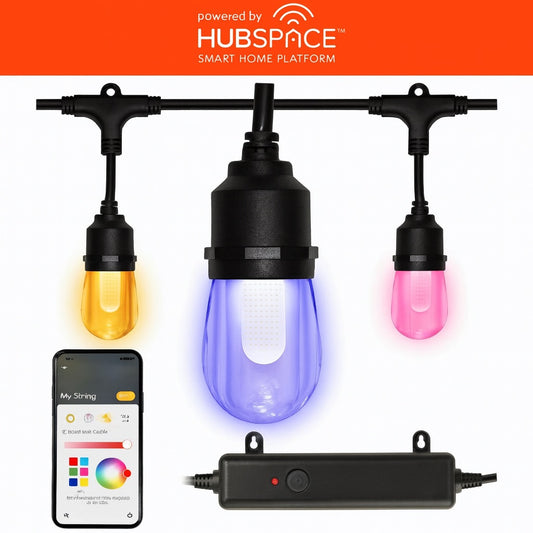 Hampton Bay Smart Black 12 Light 24 ft Indoor Outdoor Plug in Integrated LED RGBW String Light with Party Mode Powered by Hubspace