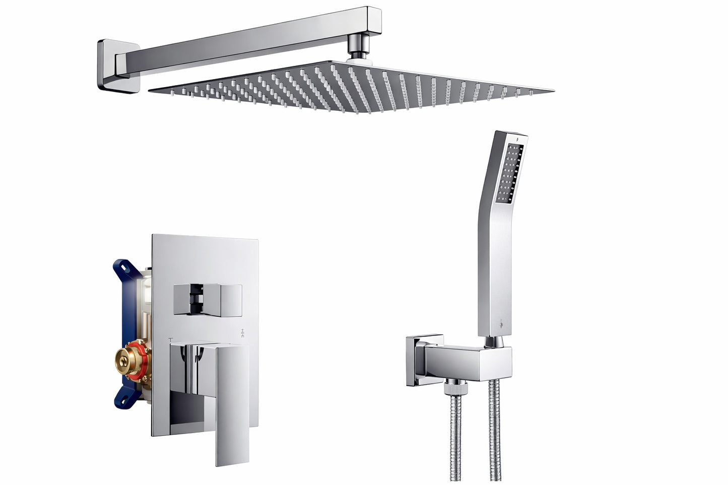 Androme 12 in 2 Jet High Pressure Rainfall Shower System w Combo Set Wall Mount Handheld Shower Head in Chrome Valve Included