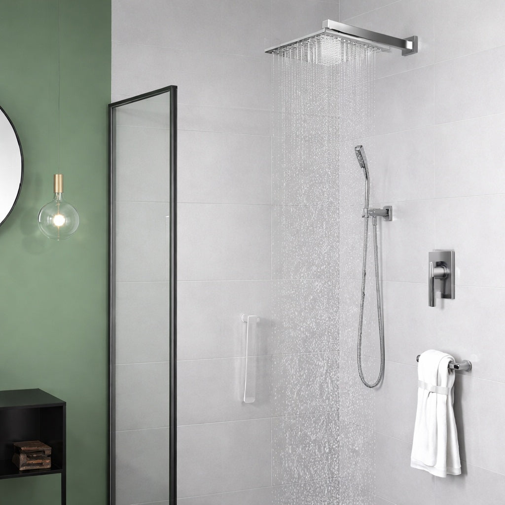 Androme 12 in 2 Jet High Pressure Rainfall Shower System w Combo Set Wall Mount Handheld Shower Head in Chrome Valve Included