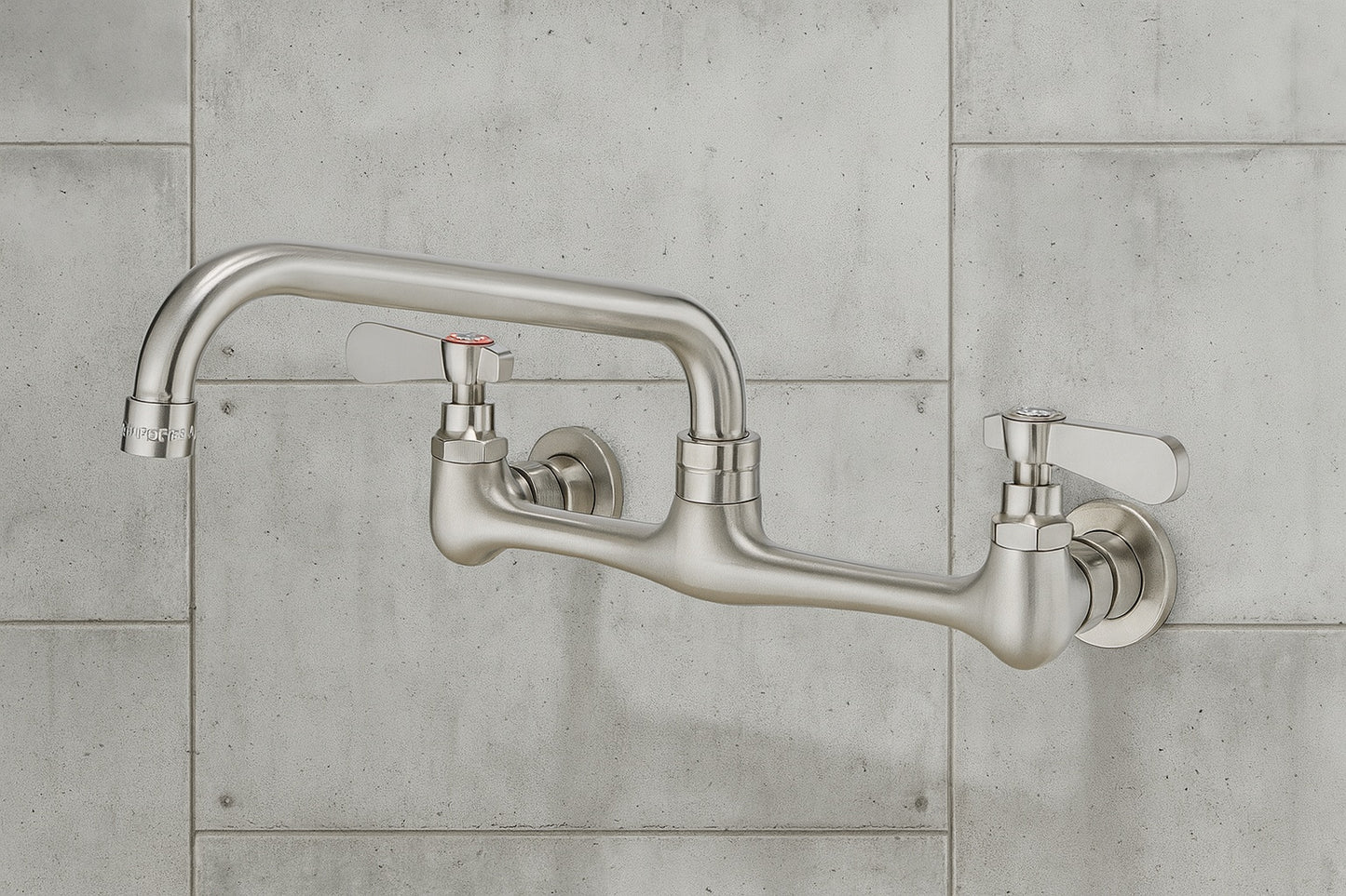 Double Handles Wall Mount Modern Standard Kitchen Faucet With 8 Inch Swivel Spout 8" Center in Brushed Nickel