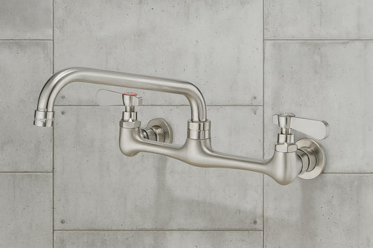 Double Handles Wall Mount Modern Standard Kitchen Faucet With 8 Inch Swivel Spout 8" Center in Brushed Nickel