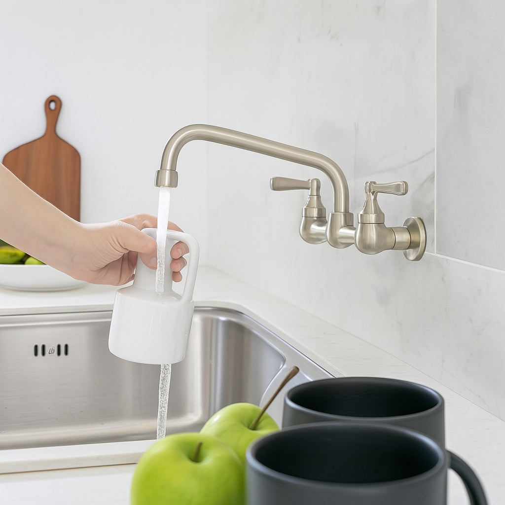 Double Handles Wall Mount Modern Standard Kitchen Faucet With 8 Inch Swivel Spout 8" Center in Brushed Nickel