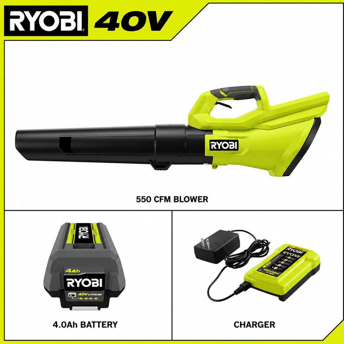 RYOBI 40V 120 MPH 550 CFM Cordless Battery Leaf Blower With 4 0 Ah Battery and Charger RY40LB01K