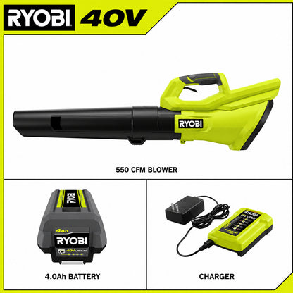 RYOBI 40V 120 MPH 550 CFM Cordless Battery Leaf Blower With 4 0 Ah Battery and Charger RY40LB01K
