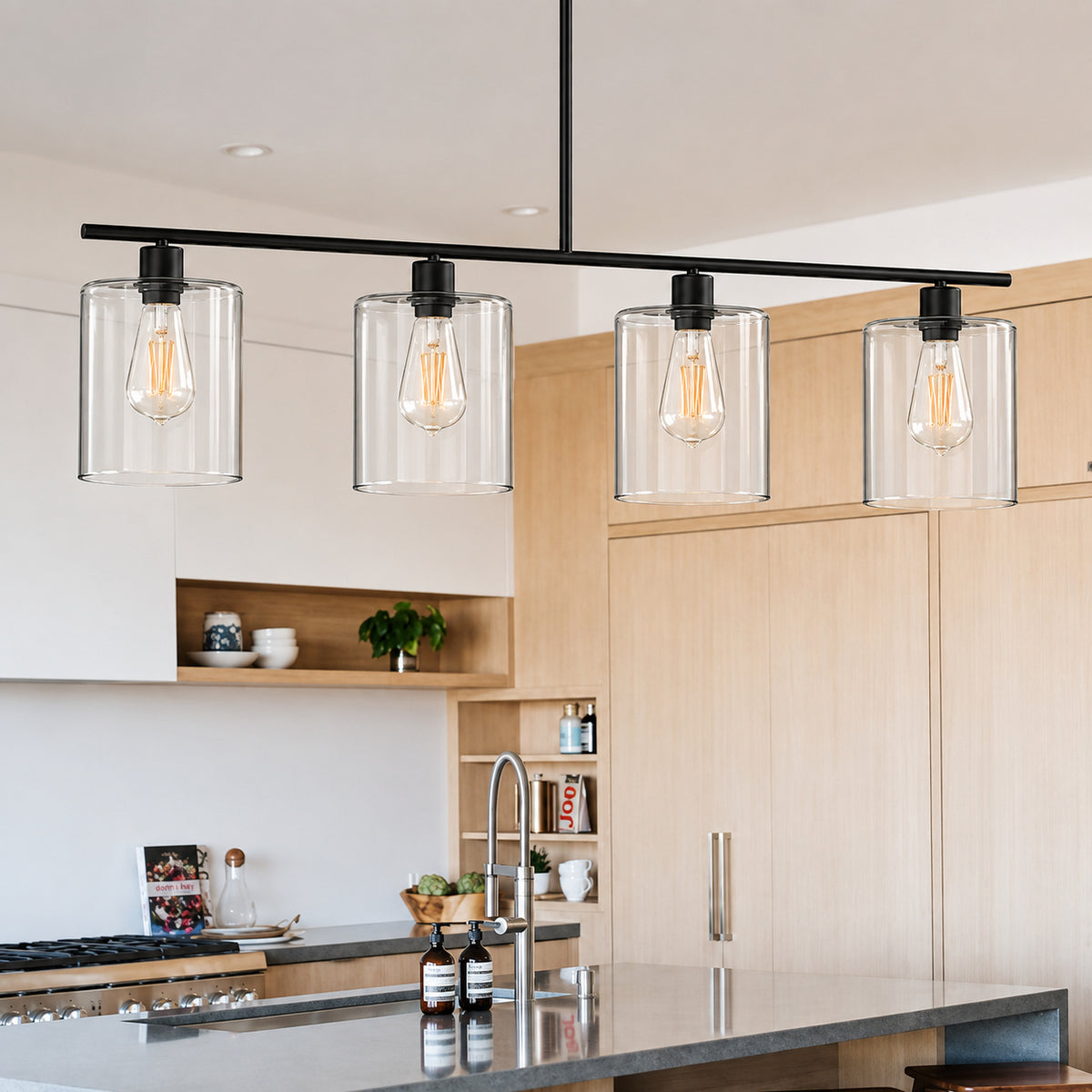 YANSUN 4 Light Matte Black Modern Island Pendant Light Fixtures Linear Chandelier Hanging Light with Clear Glass Shade H DZ014B4N1