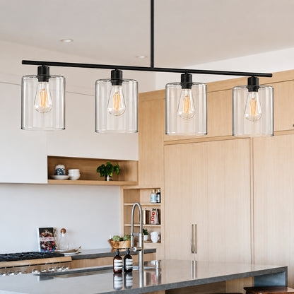 YANSUN 4 Light Matte Black Modern Island Pendant Light Fixtures Linear Chandelier Hanging Light with Clear Glass Shade H DZ014B4N1