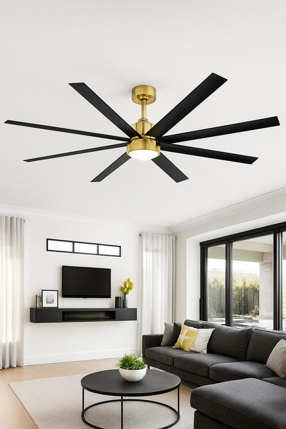 Flashwind Aaron 72 in Integrated LED Indoor Black Blade Gold Ceiling Fans with Light and Remote Control Included
