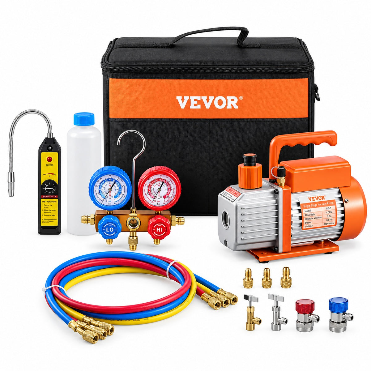 VEVOR 4 5 CFM 1 3 HP AC Vacuum Pump and Manifold Gauge Set with Leak Detector Hoses and Bag for R134a R410a KDZ4CFM180WA15GDIV1