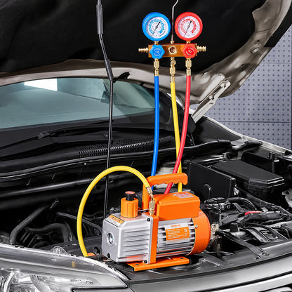 VEVOR 4 5 CFM 1 3 HP AC Vacuum Pump and Manifold Gauge Set with Leak Detector Hoses and Bag for R134a R410a KDZ4CFM180WA15GDIV1