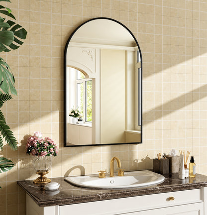 GLSLAND 24 in W x 36 in H Arched Metal Framed Wall Bathroom Vanity Mirror Black
