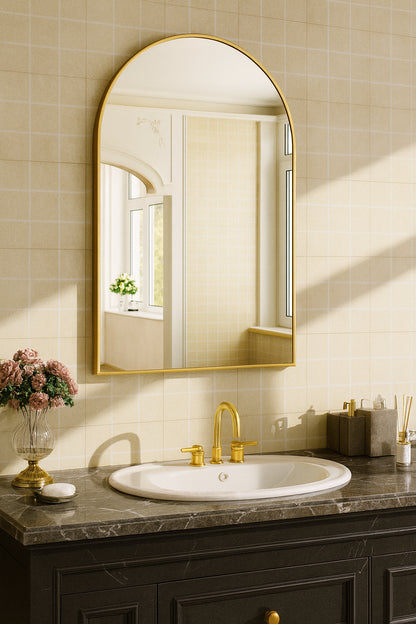 GLSLAND 26 in. W x 38 in. H Arched Metal Framed Wall Bathroom Vanity Mirror Gold