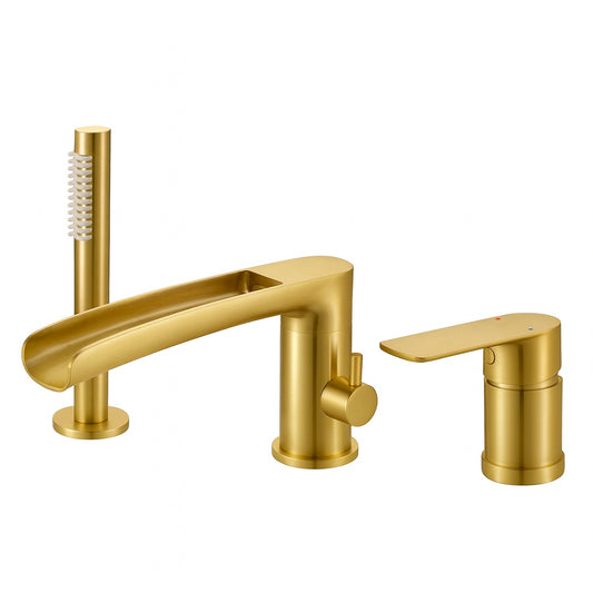 FLG Single-Handle Deck-Mount Roman Tub Faucet with Hand Shower 3-Holes Brass Waterfall Bathtub Filler in Brushed Gold