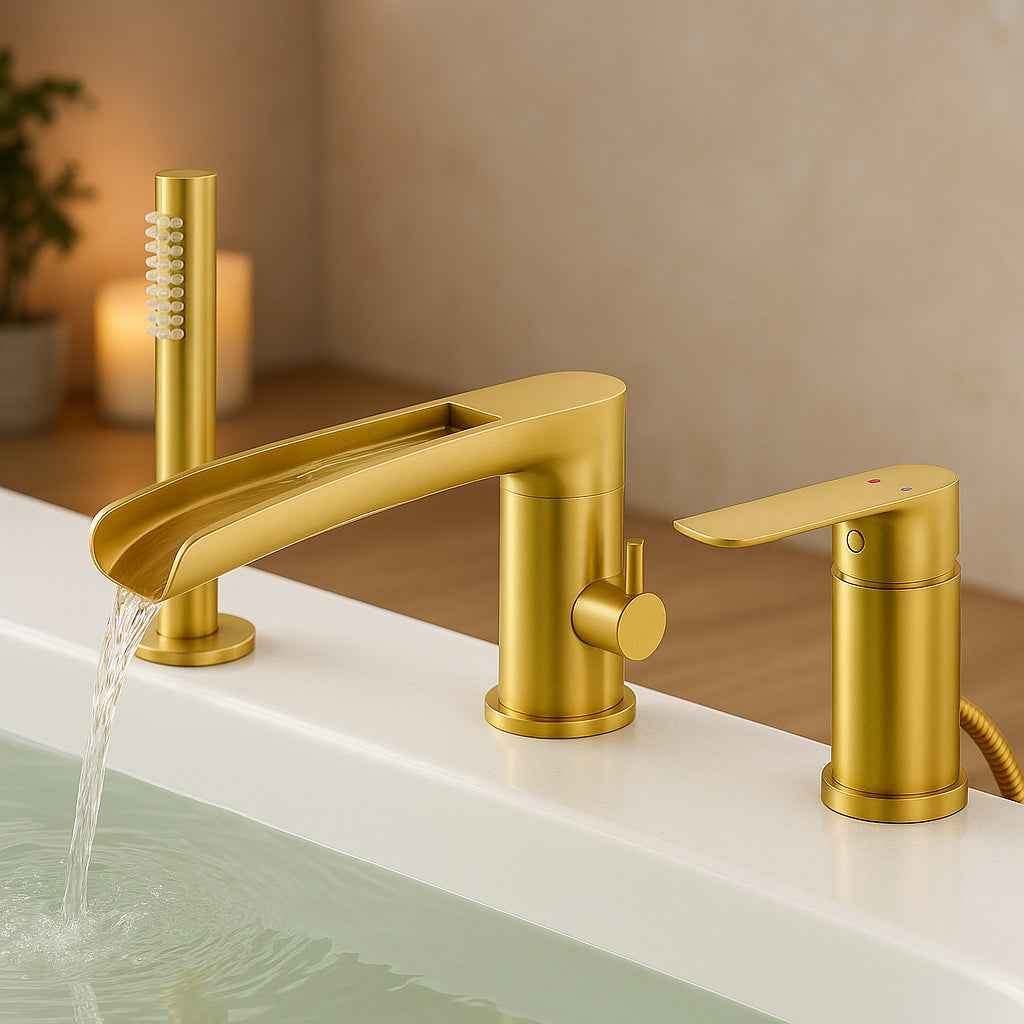 FLG Single-Handle Deck-Mount Roman Tub Faucet with Hand Shower 3-Holes Brass Waterfall Bathtub Filler in Brushed Gold