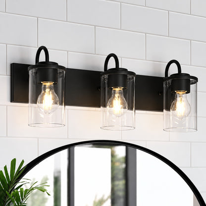 LNC Modern 21 7 in 3 Light Black Bathroom Vanity Light with Clear Glass Shades Dimmable Powder Room Wall Sconce BBVBJBLWS514899