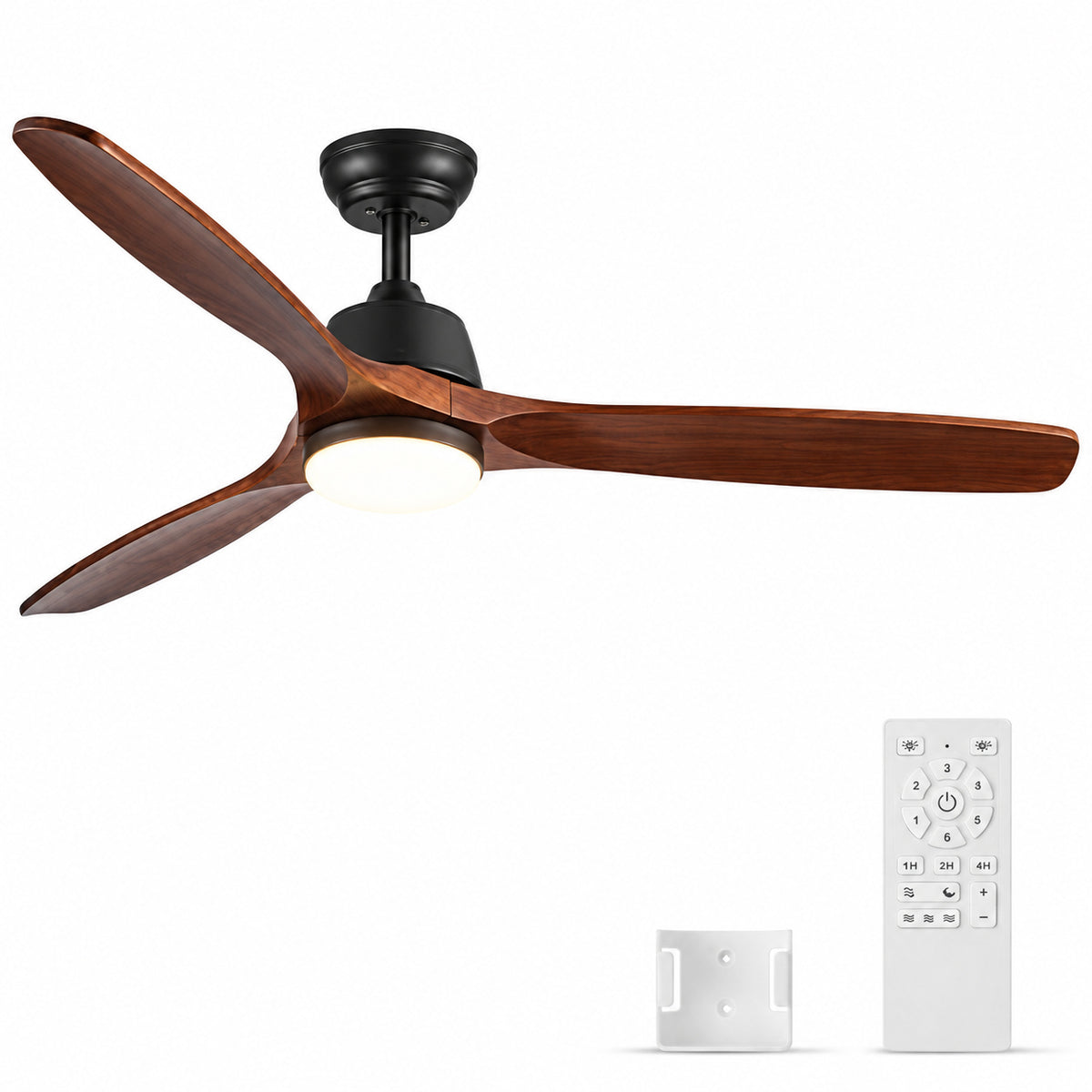YUHAO Farmhouse 52 in Integrated LED Indoor Matte Black Ceiling Fan with Remote Control DC Motor and 3 Solid Wood Blades
