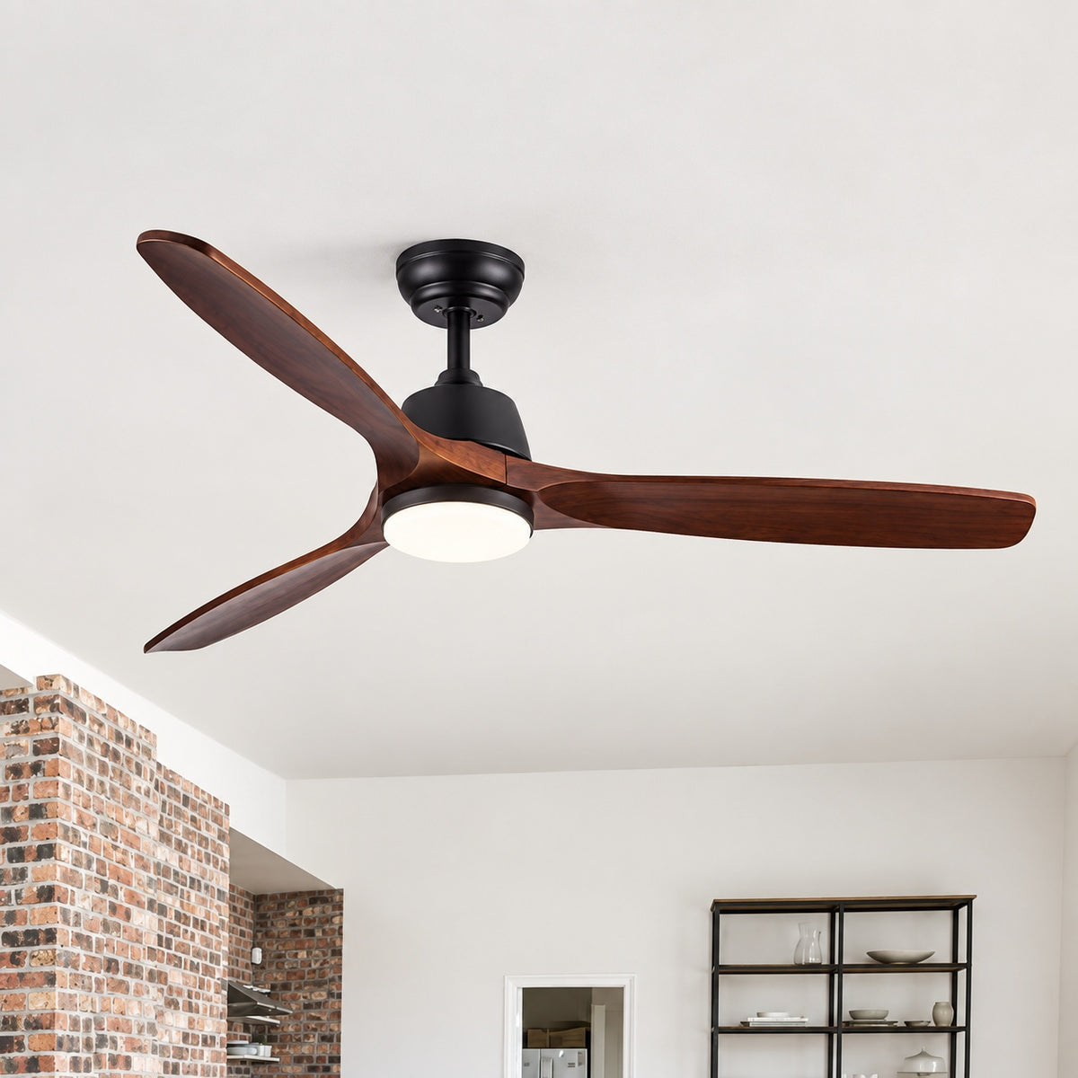 YUHAO Farmhouse 52 in Integrated LED Indoor Matte Black Ceiling Fan with Remote Control DC Motor and 3 Solid Wood Blades