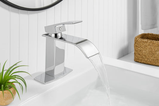 Waterfall Single Handle Single Hole Low-Arc Bathroom Faucet Bathroom Drip-Free Vanity Sink Faucet in Polished Chrome