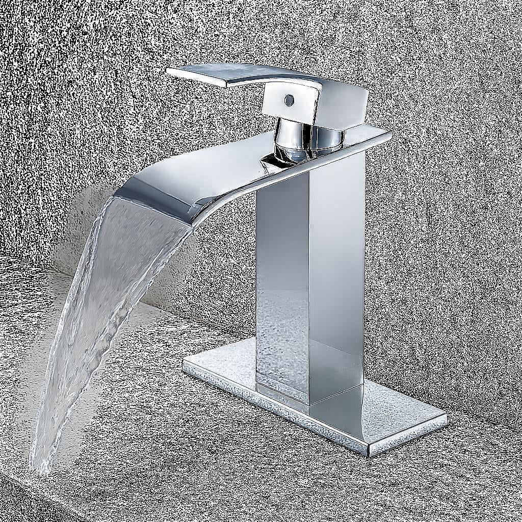 Waterfall Single Handle Single Hole Low-Arc Bathroom Faucet Bathroom Drip-Free Vanity Sink Faucet in Polished Chrome