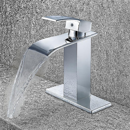 Waterfall Single Handle Single Hole Low-Arc Bathroom Faucet Bathroom Drip-Free Vanity Sink Faucet in Polished Chrome