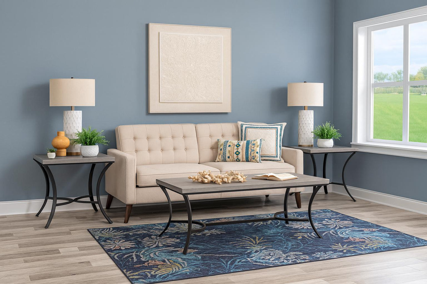 Linon Home Decor Bellamy 47 8 in L Black Rectangle Faux Concrete Top 3 Piece Occasional Coffee Table and Accent End Table Set
