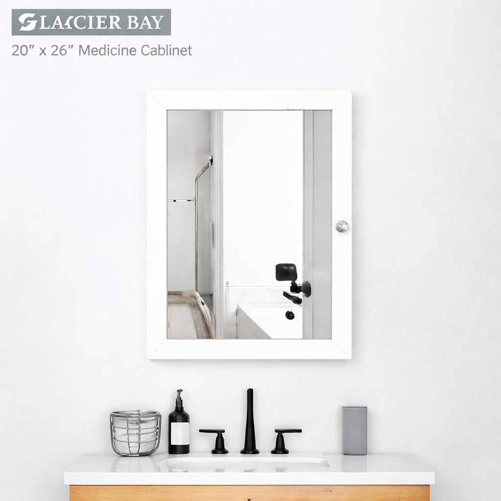 Glacier Bay 20 in W x 26 in H Rectangular Framed Recessed or Surface Mount Bathroom Medicine Cabinet with Mirror White
