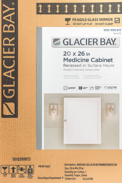 20 in. W x 26 in. H Rectangular Framed Recessed or Surface-Mount Bathroom Medicine Cabinet with Mirror, White