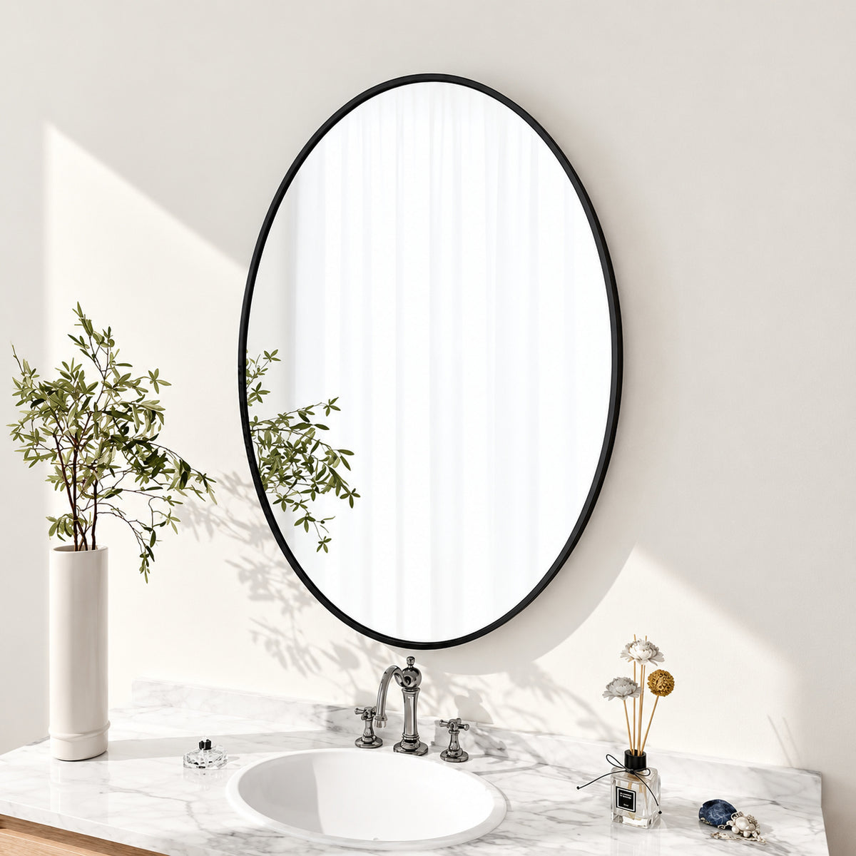 GLSLAND 24 in W x 36 in H Oval Metal Framed Wall Bathroom Vanity Mirror Black