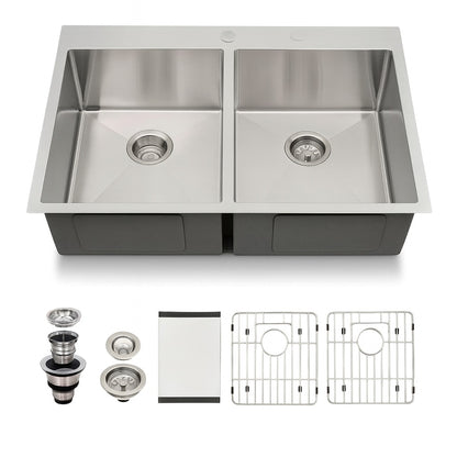 33 in.Drop in Double Bowl 50/50 16-Gauge Stainless Steel Kitchen Sink with Bottom Grids