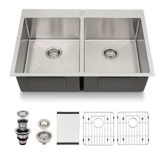 33 in.Drop in Double Bowl 50/50 16-Gauge Stainless Steel Kitchen Sink with Bottom Grids