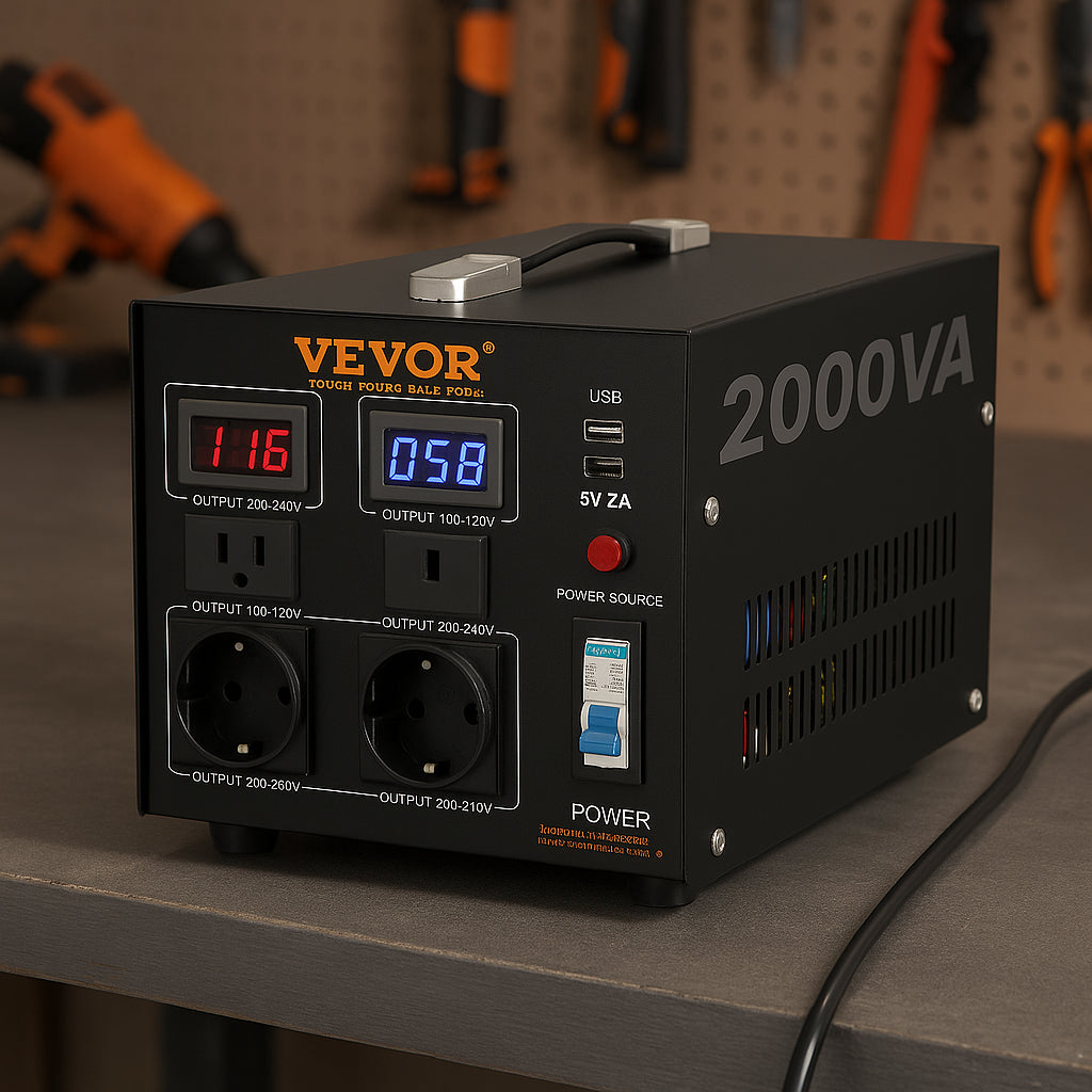 VEVOR Voltage Converter Transformer 2000 Watt Step Up/Down Transformer 110/220-Volt with US, EU Outlet USB Port LED display