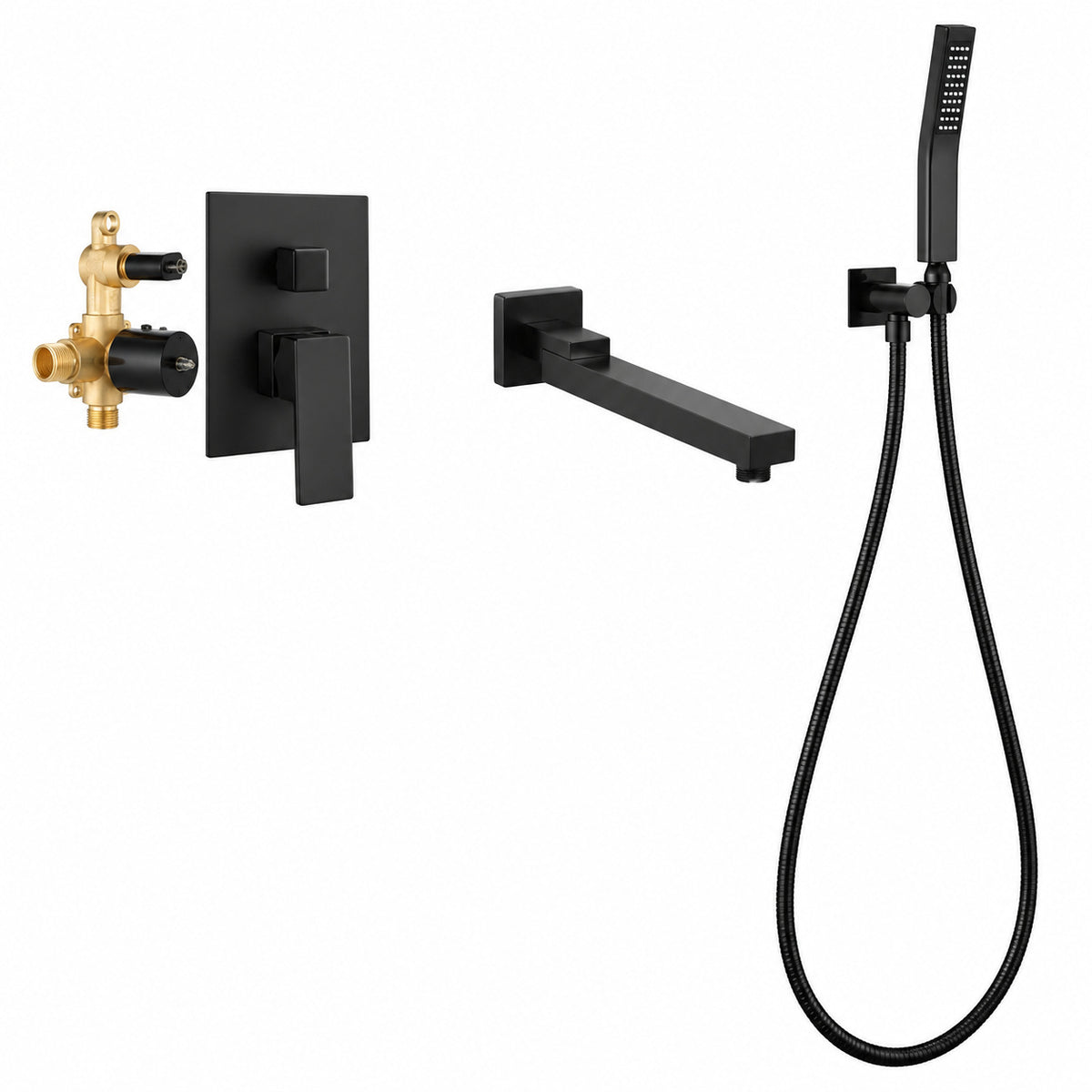 AIMADI Single Handle Wall Mount Roman Tub Faucet with Hand Shower 3 Hole Brass Bathtub Fillers in Matte Black DM 0027 MB