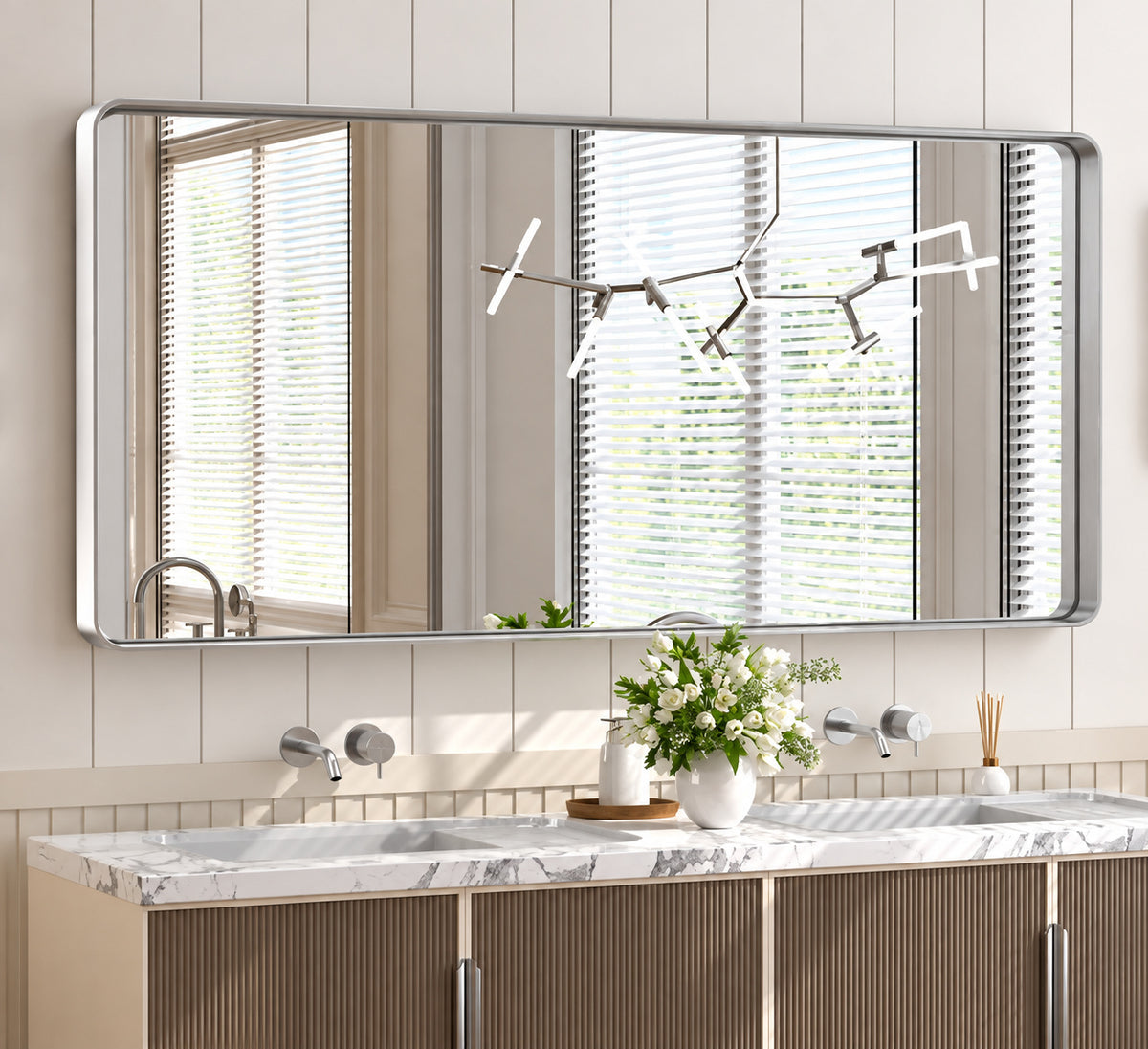 TETOTE 48 in W x 30 in H Rectangular Aluminum Framed Wall Mount Bathroom Vanity Mirror in Silver