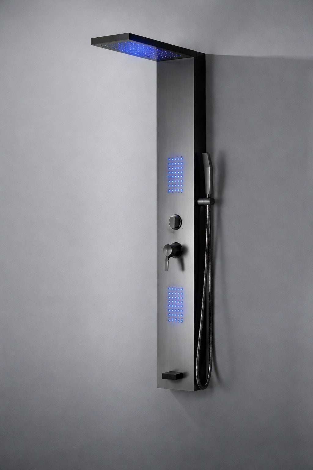 BWE 2 Jet Rainfall Shower Panel System with Rainfall Waterfall Shower Head and Shower Wand with LED Light in Black