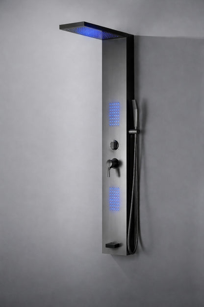 BWE 2 Jet Rainfall Shower Panel System with Rainfall Waterfall Shower Head and Shower Wand with LED Light in Black