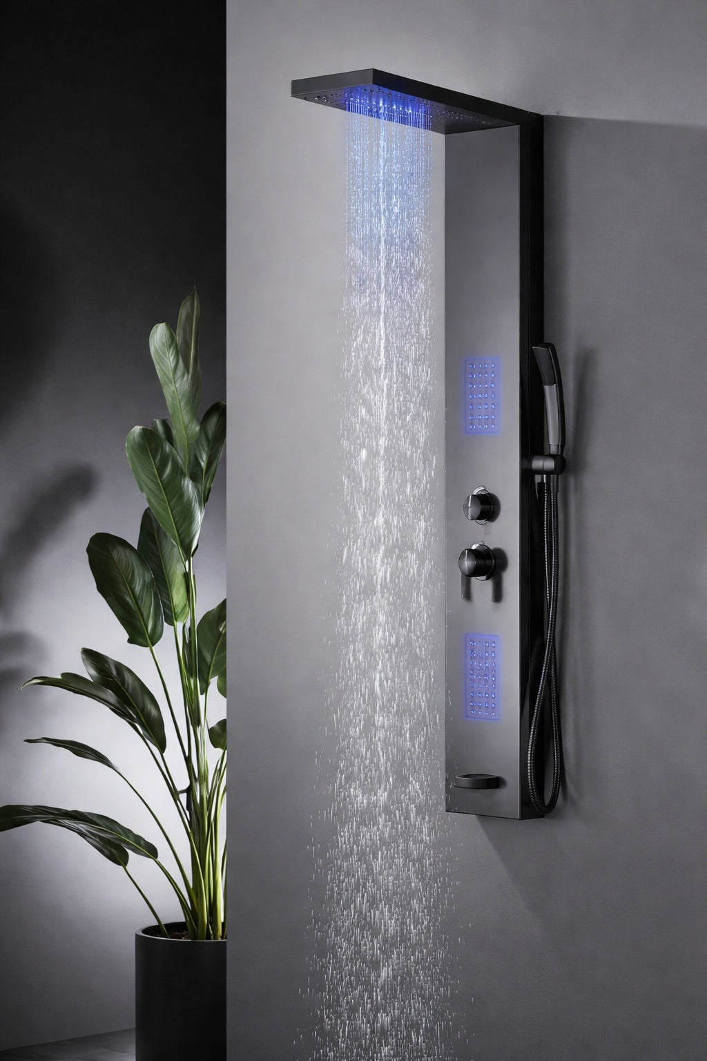 BWE 2 Jet Rainfall Shower Panel System with Rainfall Waterfall Shower Head and Shower Wand with LED Light in Black