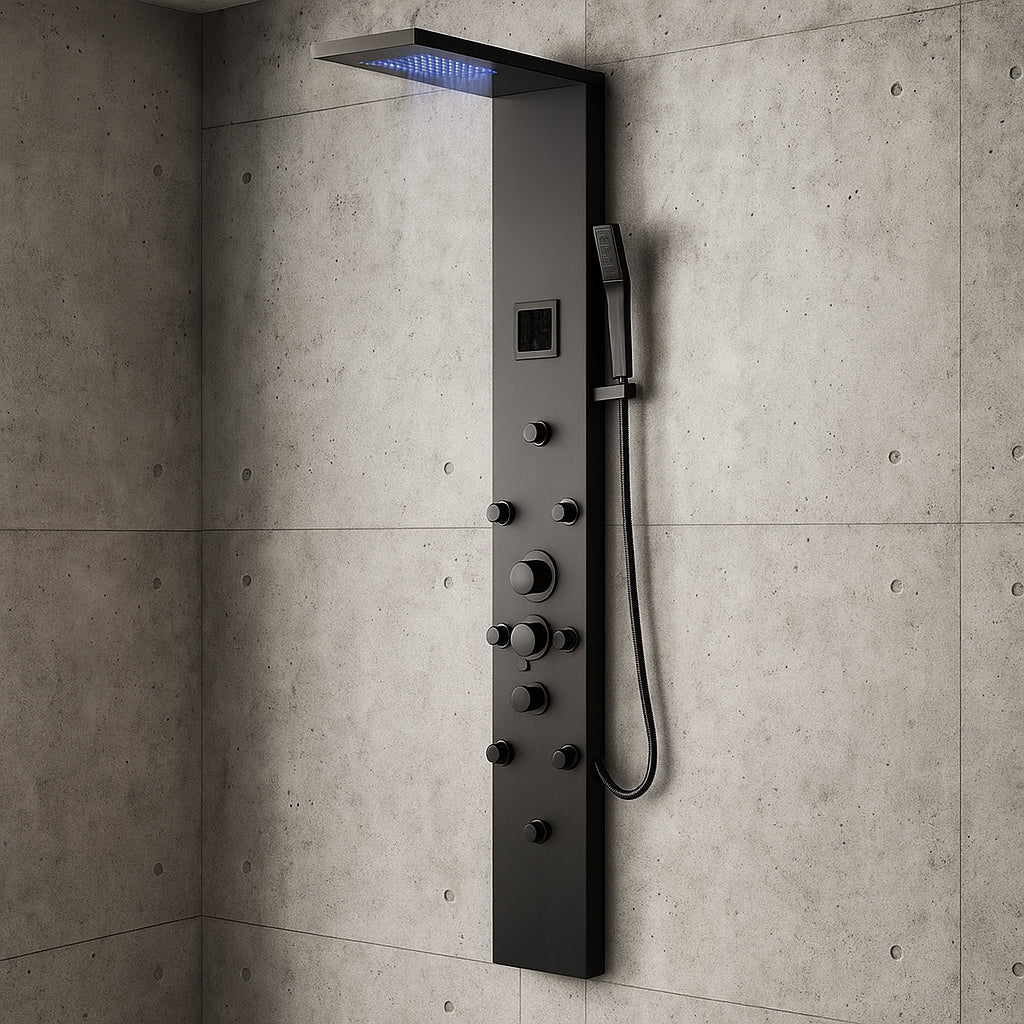 8-Jet Rainfall Shower Panel System with Rainfall Waterfall Shower Head, Shower Wand and LED Light in Matte Black