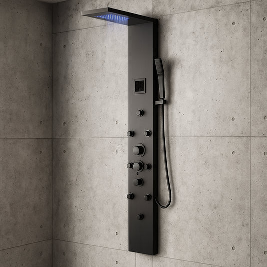 8-Jet Rainfall Shower Panel System with Rainfall Waterfall Shower Head, Shower Wand and LED Light in Matte Black