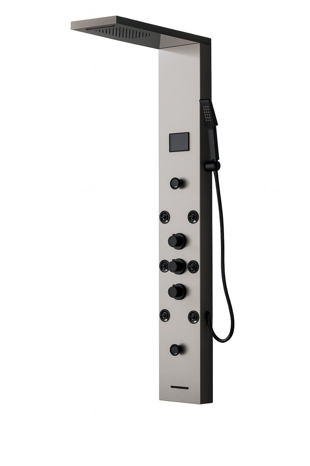 8-Jet Rainfall Shower Panel System with Rainfall Waterfall Shower Head, Shower Wand and LED Light in Matte Black
