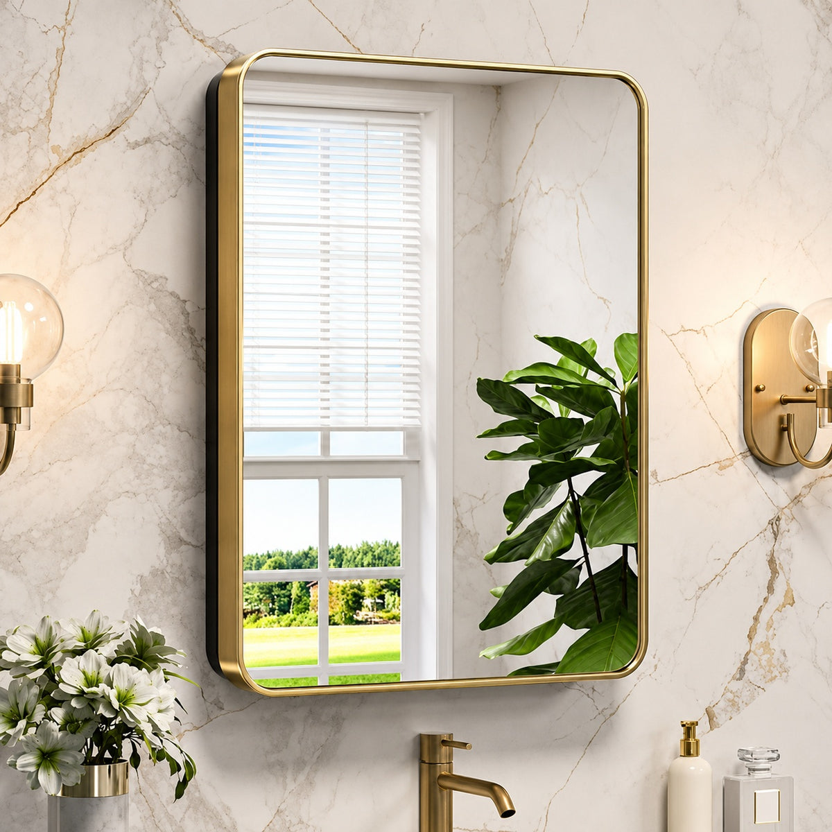20 in W x 26 in H Rectangular Brass Gold Stainless Steels Framed Recessed Surface Mount Medicine Cabinet with Mirror hd JGYJ5066GD