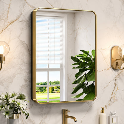20 in W x 26 in H Rectangular Brass Gold Stainless Steels Framed Recessed Surface Mount Medicine Cabinet with Mirror hd JGYJ5066GD