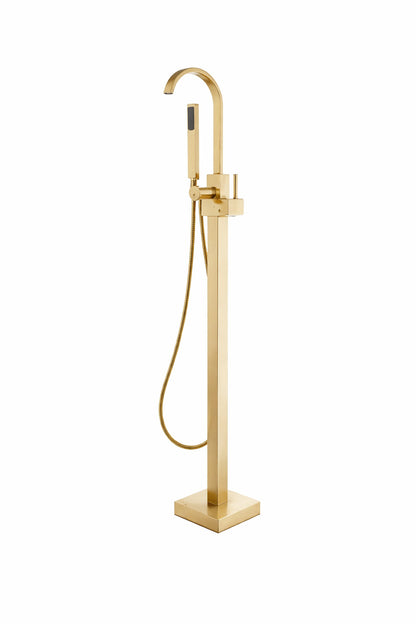 2 Handle Freestanding Floor Mount Tub Faucet Bathtub Filler with Hand Shower in Brushed Gold