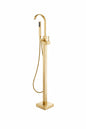 2 Handle Freestanding Floor Mount Tub Faucet Bathtub Filler with Hand Shower in Brushed Gold