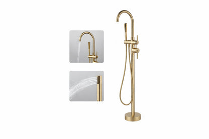 2 Handle Freestanding Floor Mount Tub Faucet Bathtub Filler with Hand Shower in Brushed Gold
