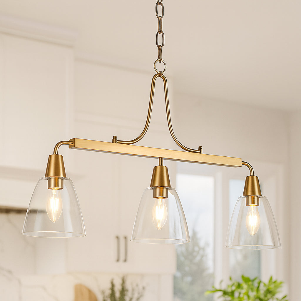 LNC Minimalist Modern 3-Light Brass Linear Chandelier with Classic Bell Clear Glass Shades Island Pendant for Dining Room