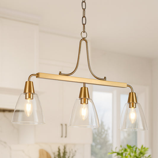 LNC Minimalist Modern 3-Light Brass Linear Chandelier with Classic Bell Clear Glass Shades Island Pendant for Dining Room