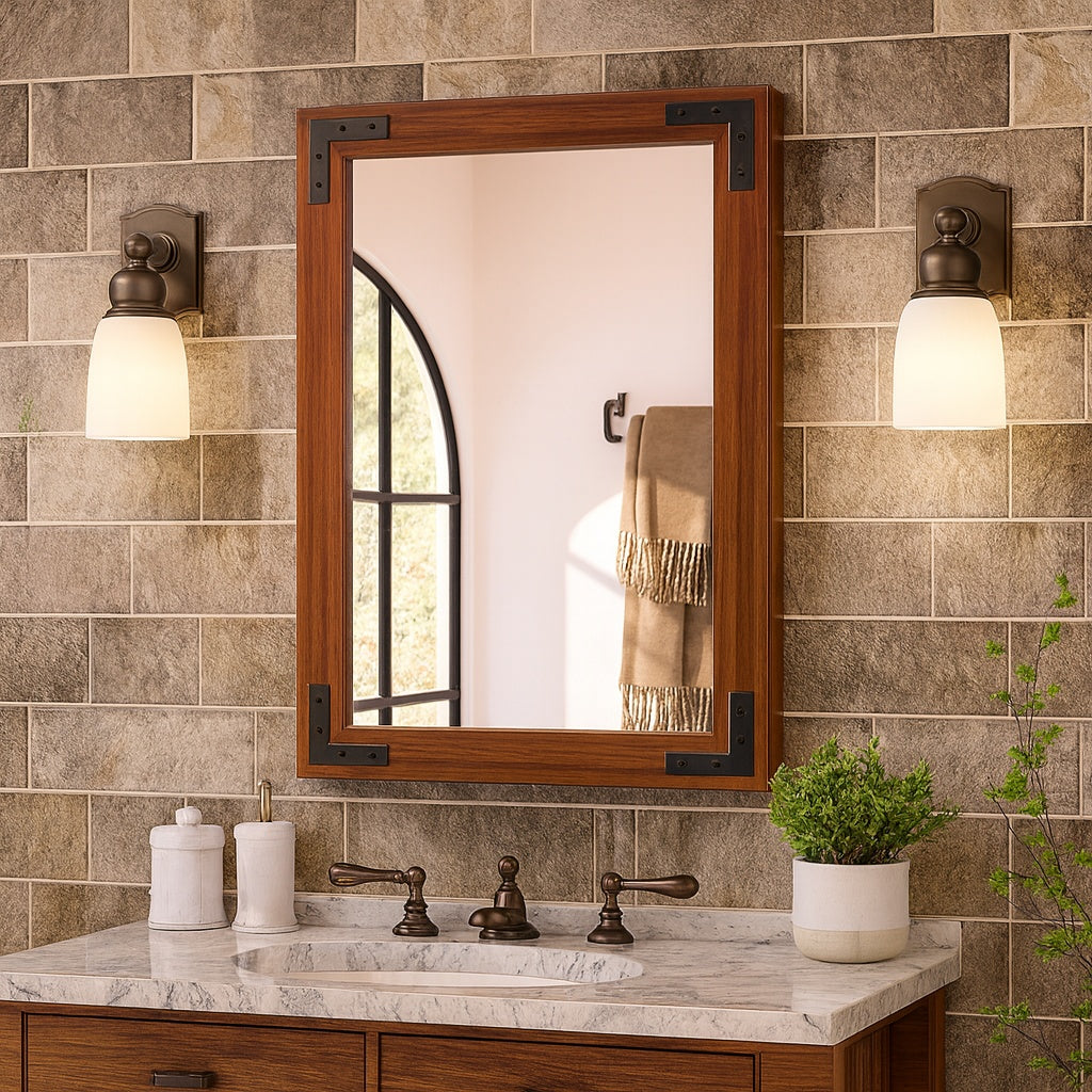 KeonJinn 18 in. W x 26 in. H Rectangular Rustic Wood Framed Mirror Farmhouse Bathroom Vanity Mirror Over Sink in Brown