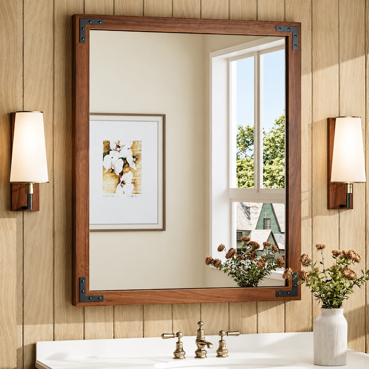 30 in W x 36 in H Rectangular Rustic Wood Framed Mirror Farmhouse Bathroom Vanity Mirror Over Sink in Brown