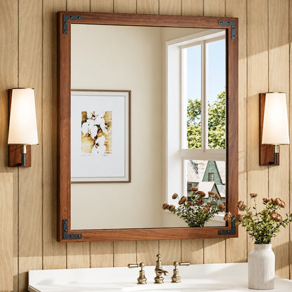 30 in W x 36 in H Rectangular Rustic Wood Framed Mirror Farmhouse Bathroom Vanity Mirror Over Sink in Brown