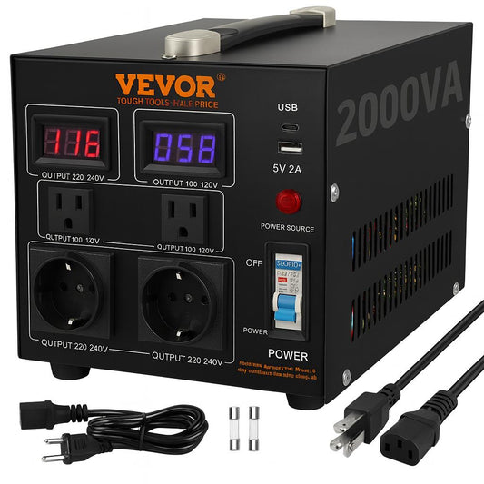 VEVOR Voltage Converter Transformer 2000 Watt Step Up/Down Transformer 110/220-Volt with US, EU Outlet USB Port LED display