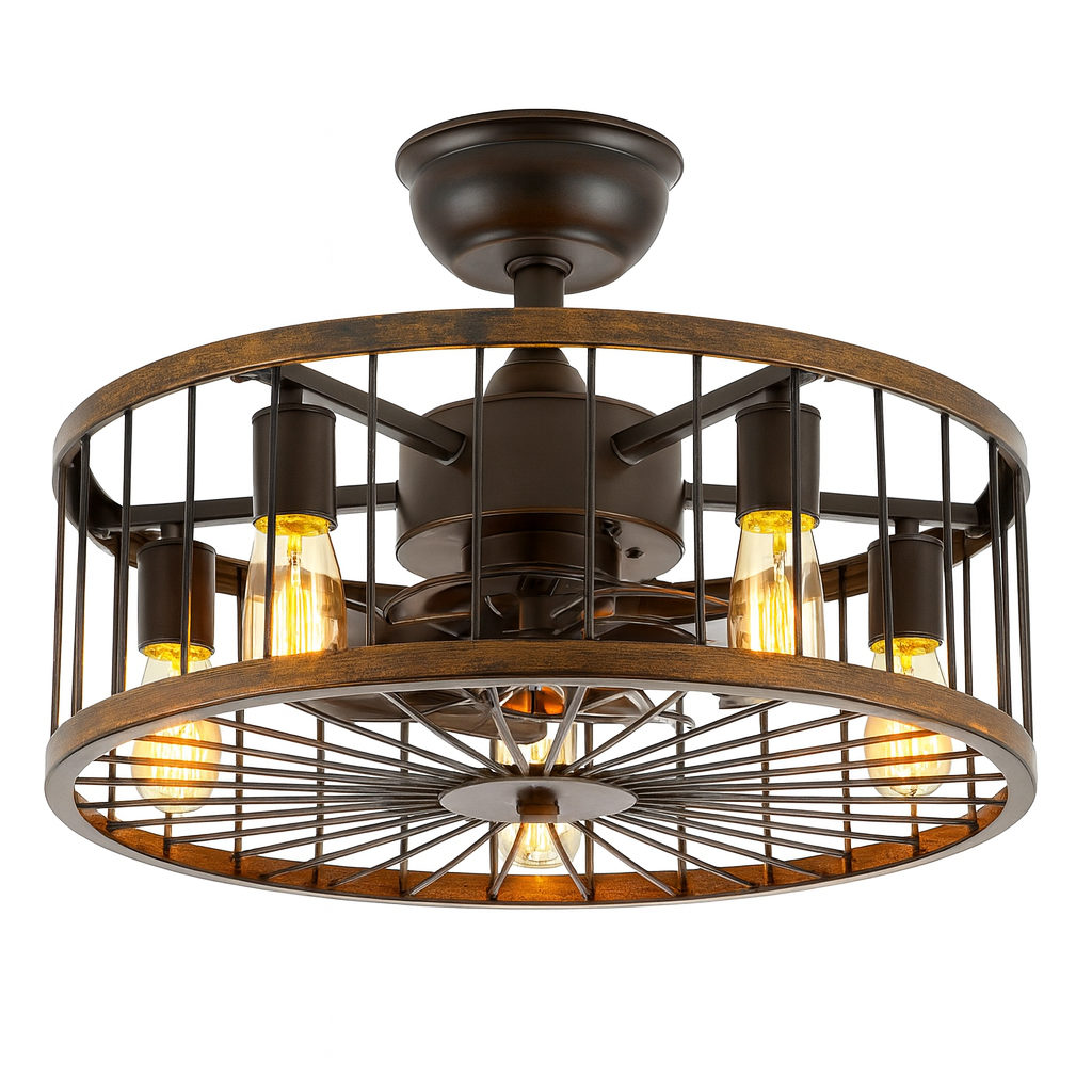 ANTOINE 20 in. Indoor Black Farmhouse Ceiling Fan Caged Ceiling Fan with Lights and Remote Small Industrial Ceiling Fan